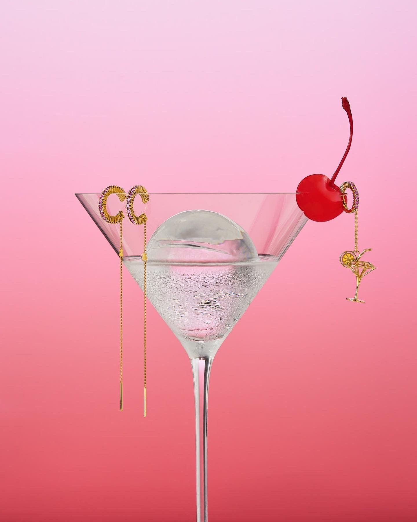 Martini glass with cherry and jewelry - Tous 2022 Cocktail Campaign - Set Design by Maria Ona